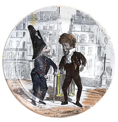 Тарелка "Карикатура" Фаянс, деколь, роспись Франция, начало ХХ века зонтов-тростей, ниже "Creil & Montereau" инфо 6307g.