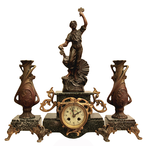 Каминные часы с вазами (Бронза, шпиатр, фарфор - Франция, начало ХХ века) 1918 г инфо 6408g.
